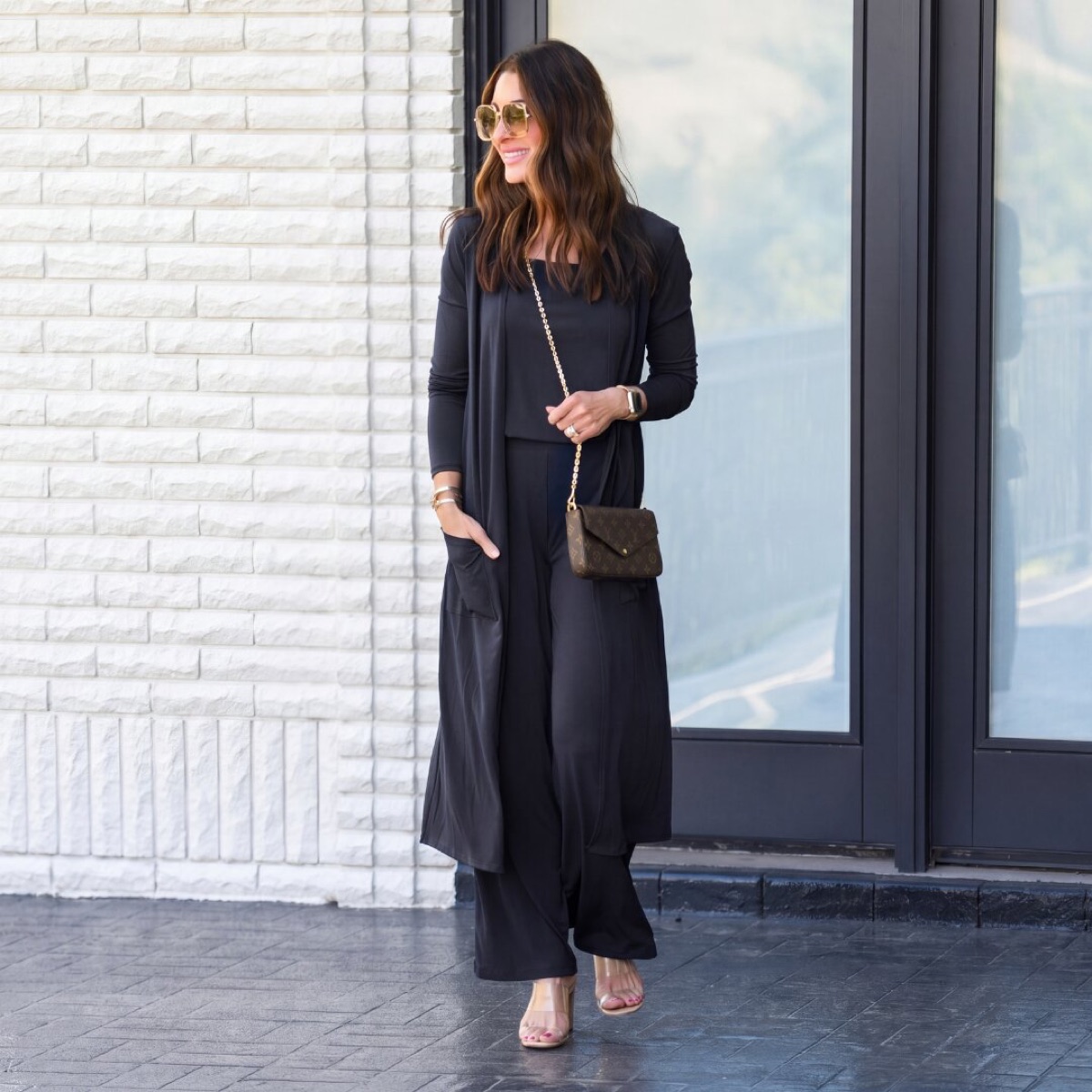 The Brigitte Brianna Essential Set in black: square-neck tank, pull-on pant, and open cardigan