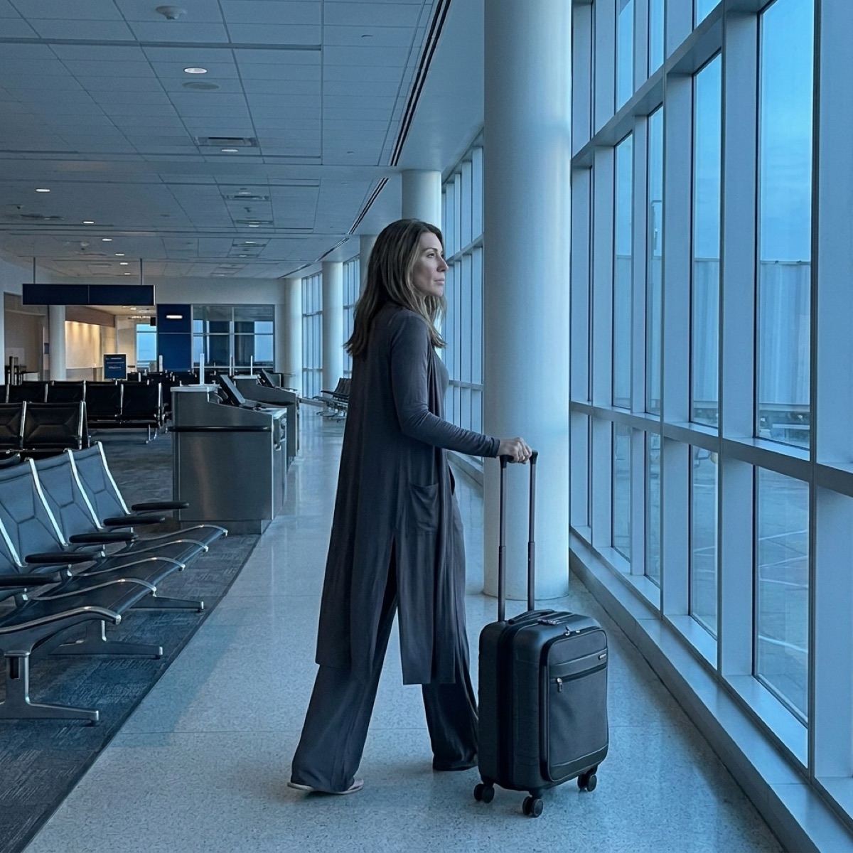 A traveler in the slate Essential Set at an airport gate at dawn with a small carry-on