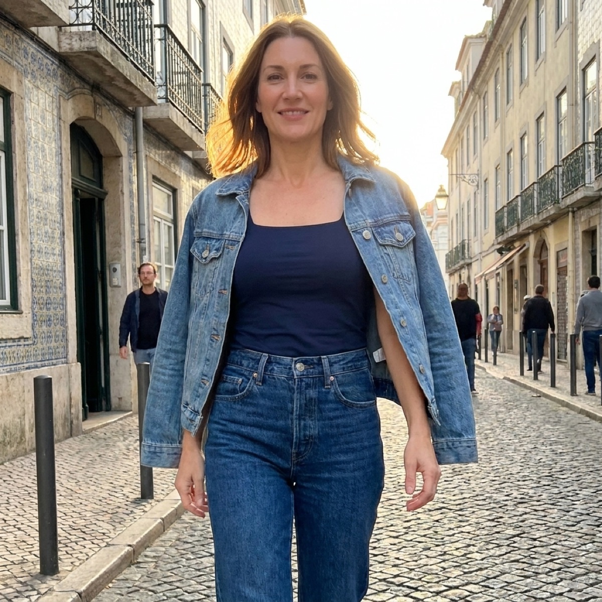 The Essential Set tank worn under an open denim jacket with the matching pull-on pant
