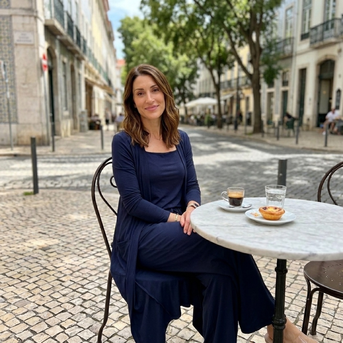 A woman in the navy Essential Set sitting at a small outdoor cafe in Lisbon with an espresso and a pastel de nata